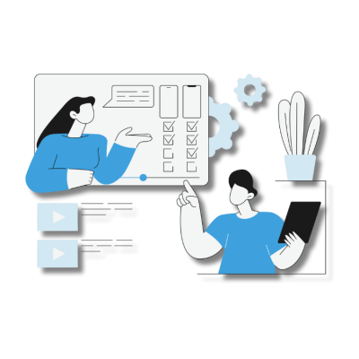 Find Your Flow® Local Business Leads - Opportunity Analysis for SEO. Light blue graphic, man looking at the analysis the woman is showing him.